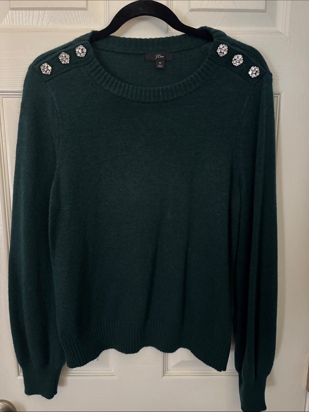 J. Crew Dark Green Crewneck Sweater with Crystal Shoulder Buttons